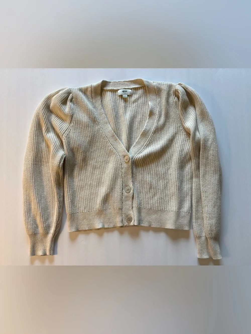 Aerie V-Neck Button Cardigan with Subtle Puff Sleeves - Picture 1 of 7